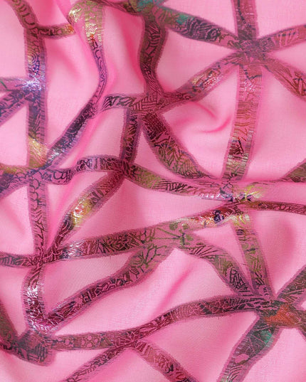 Hot pink Premium pure silk chiffon fabric with multitone metallic lurex in abstract design-D9660
