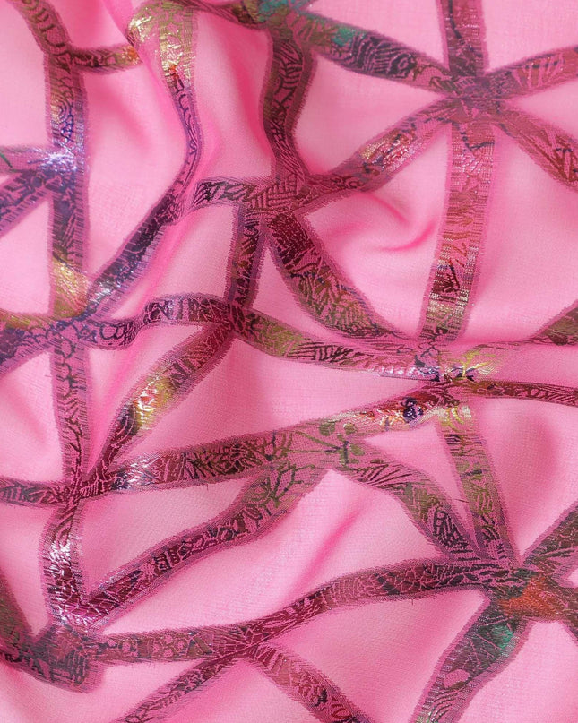 Hot pink Premium pure silk chiffon fabric with multitone metallic lurex in abstract design-D9660