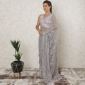 Light Lavender, gold, silver Premium pure metallic French chantilly saree lace having stone work in floral design-D12575