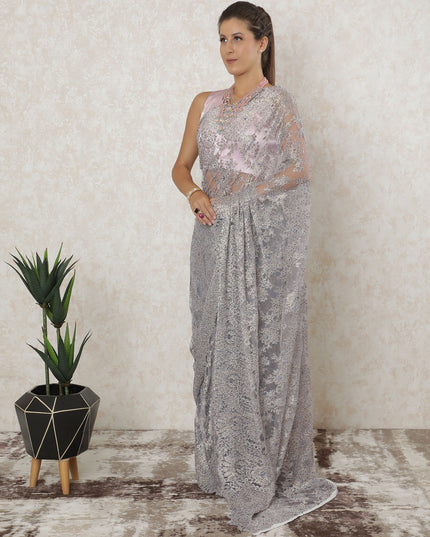 Light Lavender, gold, silver Premium pure metallic French chantilly saree lace having stone work in floral design-D12575