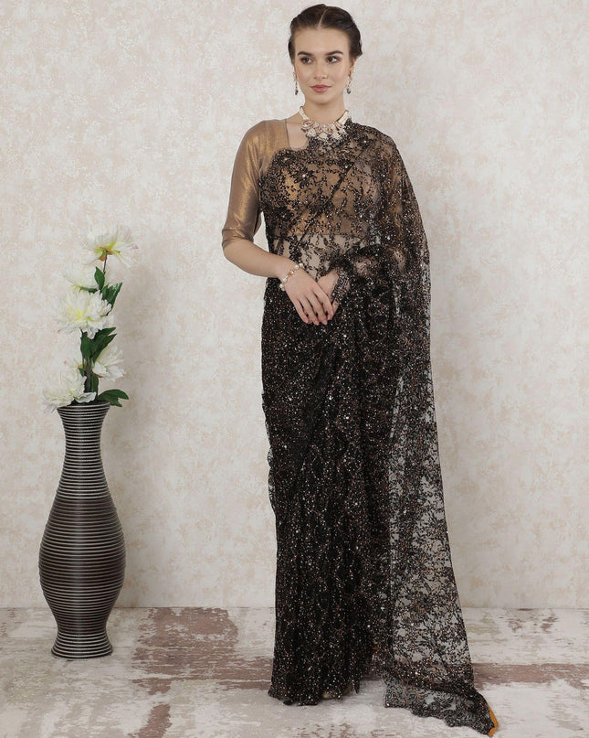 Black, Copper Premium pure French outline lurex chantilly lace saree having stone work in floral design-D14484