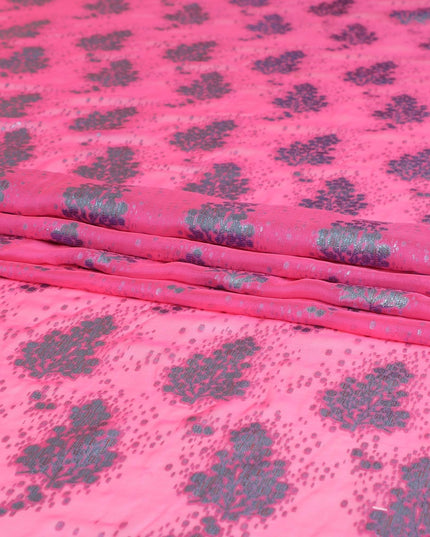 Hot Pink silk chiffon fabric with baby blue and copper metallic lurex in floral design-D8046