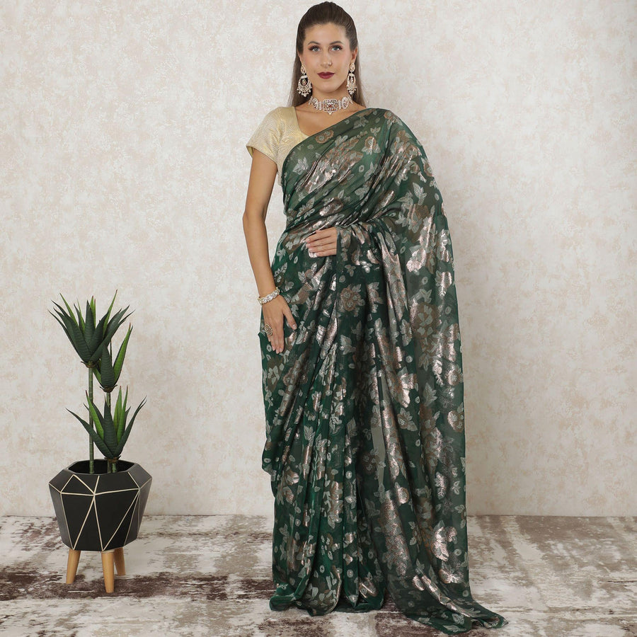 ساري شيفون من الحرير الفرنسي الخالص باللون الأخضر مع فسكوز الغار الأخضر ولوريكس معدني نحاسي بتصميم زهور-D12584