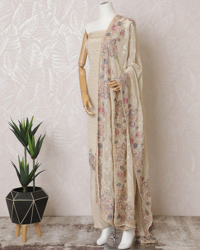 Beige Premium pure silk crepe kameez with multicolor embroidery, bead work, sequin work in floral design. Beige Plain salwar with same tone georgette dupatta having multicolor embroidery and bead work-D15572