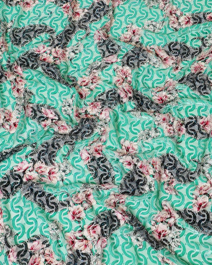 Turquoise green Premium Italian Silk chiffon dirac (makmal) fabric with multicolor print having velvet jacquard in floral design-D8696 Regal Fabrics