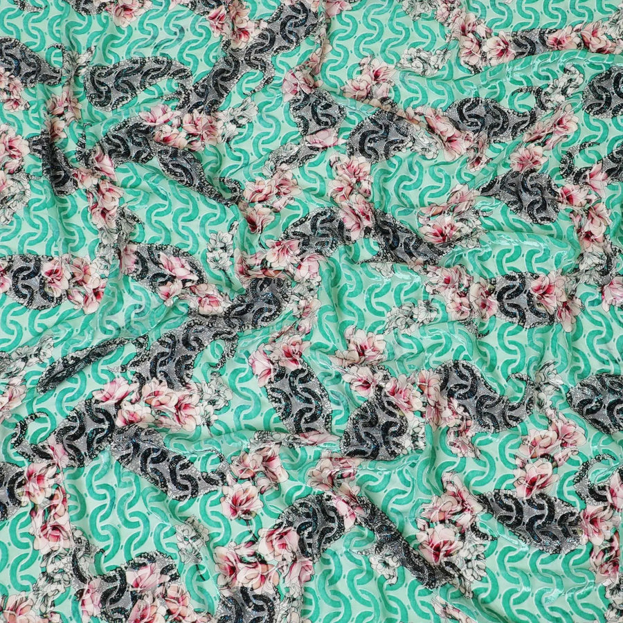 Turquoise green Premium Italian Silk chiffon dirac (makmal) fabric with multicolor print having velvet jacquard in floral design-D8696 Regal Fabrics