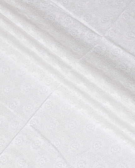 White Premium pure cotton voile fabric with same tone embroidery in floral design-D13617