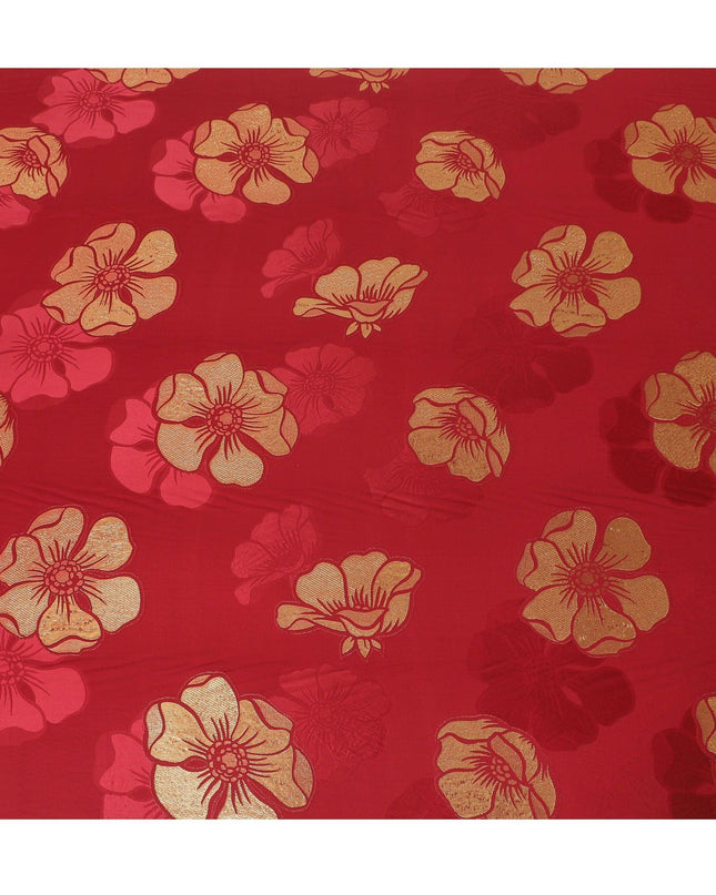 Barn red premium pure silk crepe fabric with gold metallic lurex in floral design-D13709
