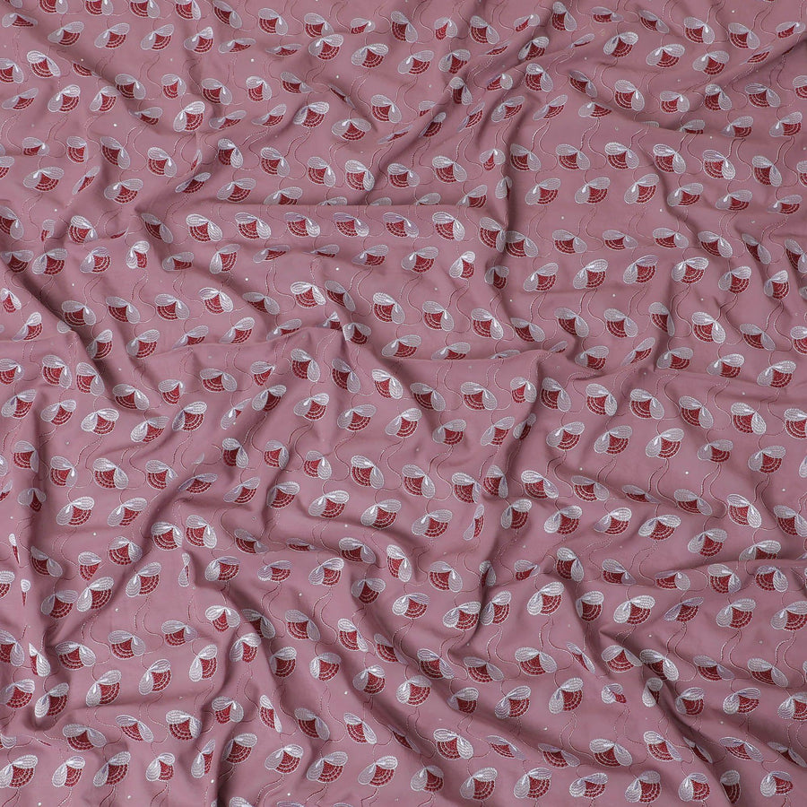 Light mauve Premium Swiss cotton voile thobe with powder blue and crimson red embroidery in Leaf design having stone work-D11624