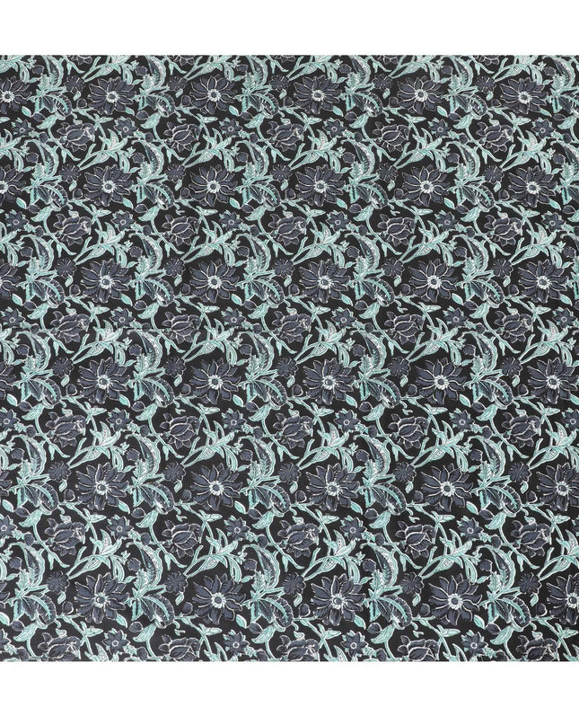 قماش من القطن العضوي باللون الأسود مع طباعة الشاشة باللون الرمادي الحجري والأخضر الفيستا والأبيض الفاتح بتصميم الأزهار-D10283