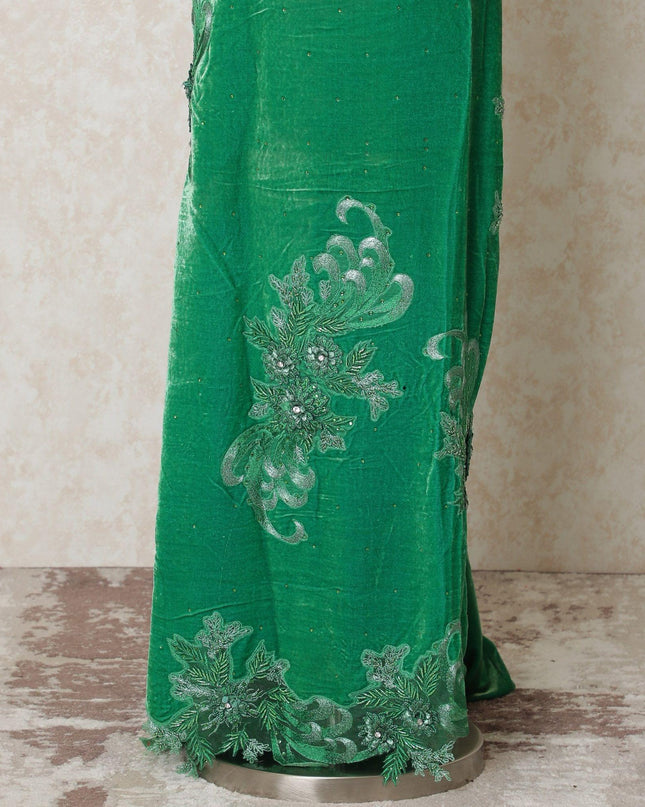 Kelly green silk blended velvet fabric with same tone embroidery having stone work in floral design-D14439