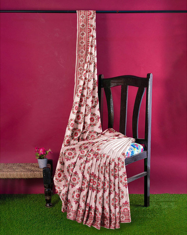 ساري جورجيت صناعي وردي اللون مع تطريز وأحجار متعددة الألوان بتصميم فاخر. قطعة بلوزة بنفس اللون-D12746