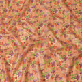 Blaze orange tussar silk fabric with lime green, dark orange, blonde yellow and purple print in floral design-D6137