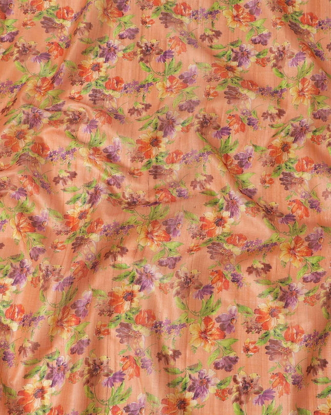 Blaze orange tussar silk fabric with lime green, dark orange, blonde yellow and purple print in floral design-D6137