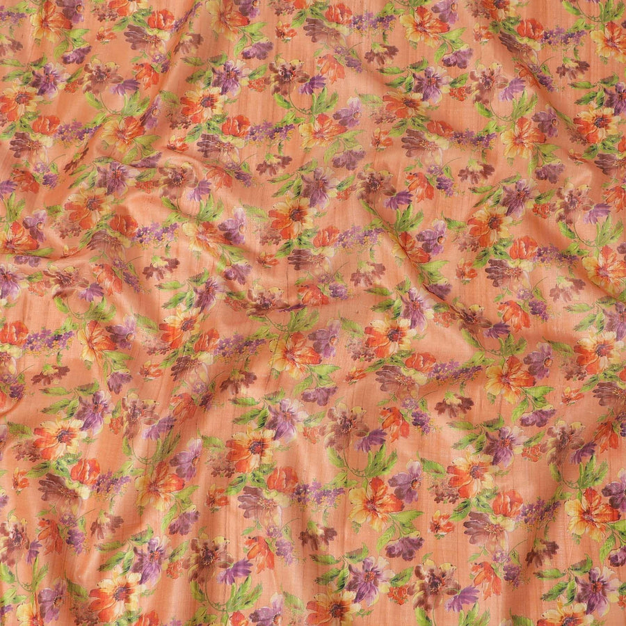 Blaze orange tussar silk fabric with lime green, dark orange, blonde yellow and purple print in floral design-D6137