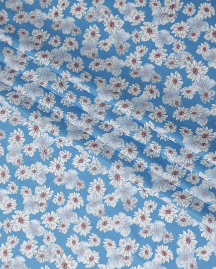 Blue cotton lawn fabric with off white, silver grey and powder blue print in floral design-D10849