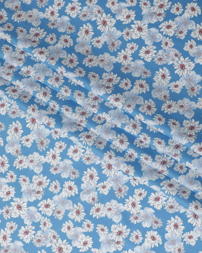 Blue cotton lawn fabric with off white, silver grey and powder blue print in floral design-D10849