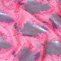 Hot Pink silk chiffon fabric with baby blue and copper metallic lurex in floral design-D8046