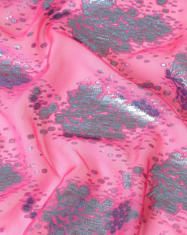 Hot Pink silk chiffon fabric with baby blue and copper metallic lurex in floral design-D8046