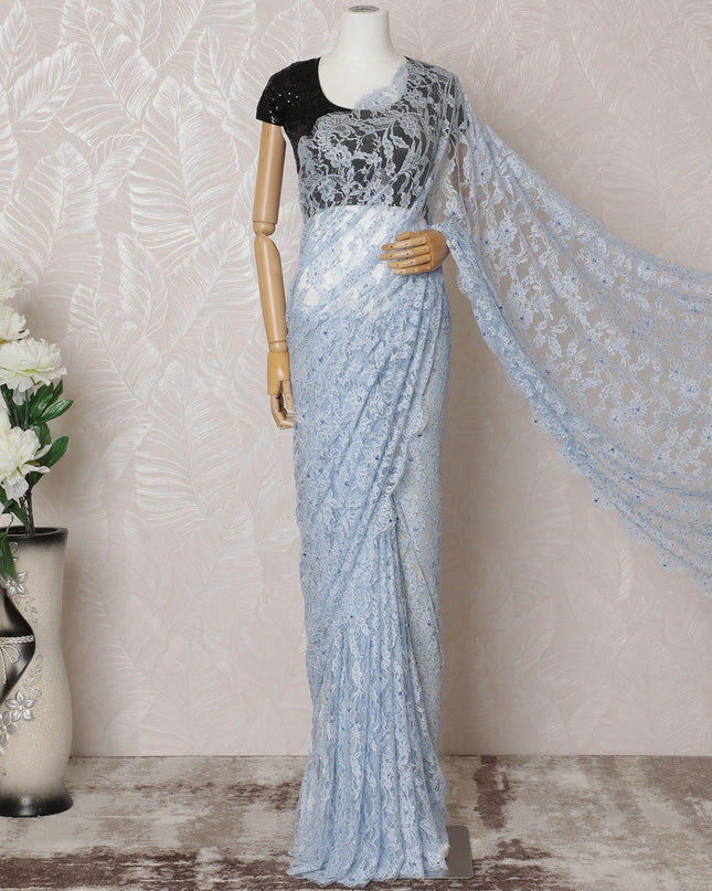 Baby blue Premium pure French chantilly lace saree having stone work in floral design-D14600