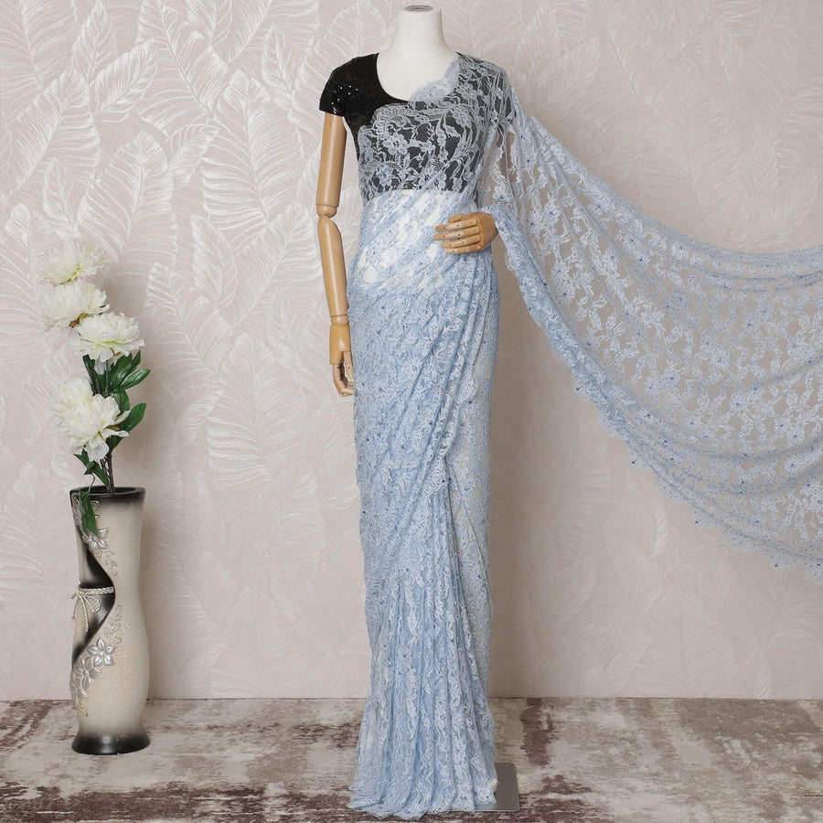Baby blue Premium pure French chantilly lace saree having stone work in floral design-D14600