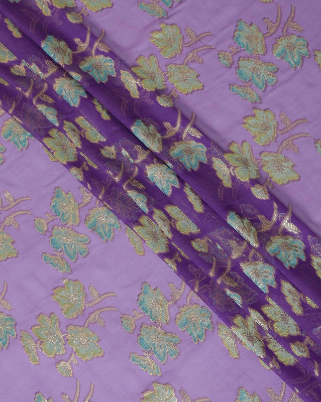 قماش شيفون من الحرير الخالص باللون الأرجواني مع الفيسكوز باللون الأزرق والأخضر الغامق مع اللوريكس المعدني الذهبي بتصميم الأزهار - D14130