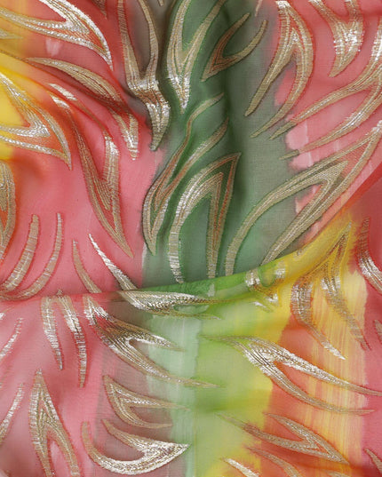 قماش شيفون من الحرير الخالص متعدد الألوان مع لوريكس معدني ذهبي بتصميم تجريدي-D14073