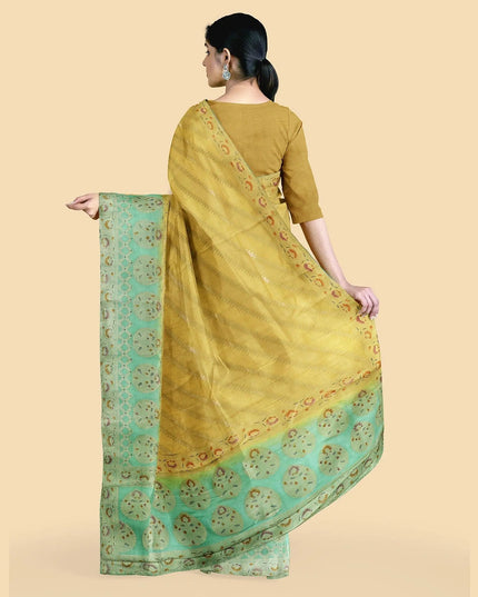 Gold to turquoise green imitation silk saree with multicolor print having gold jacquard in floral design-12783 Regal Fabrics