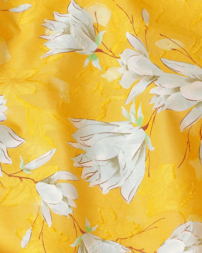 Tuscany yellow uragiri cotton voile fabric with same tone jacquard having rhino grey, brown and Paris green print in floral design-D7326 Regal Fabrics