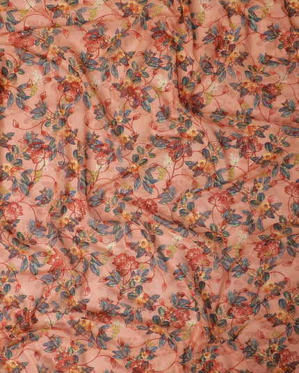 Rusty orange pure cotton voile fabric with multicolor print having embroidery and sequins in floral design-D13240