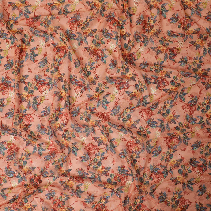 قماش فوال من القطن الخالص باللون البرتقالي الصدئ مع طباعة متعددة الألوان مع تطريز وترتر بتصميم زهور-D13240
