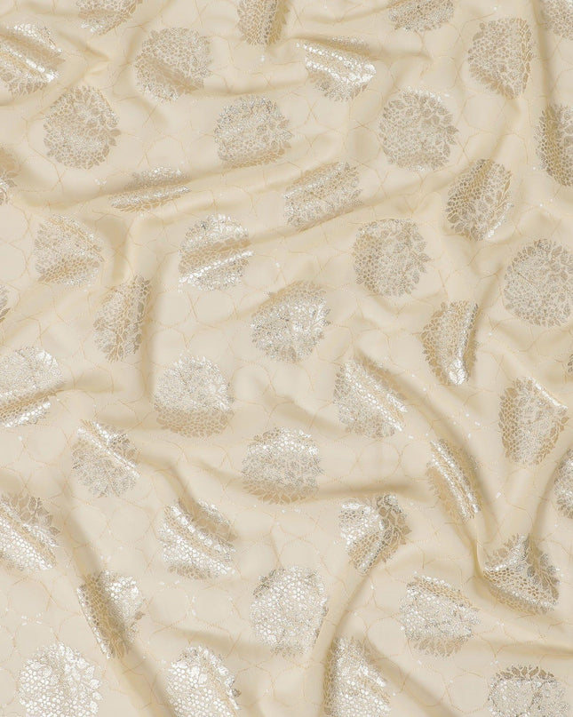 Light gold synthetic georgette fabric with same tone embroidery having gold foil printed in floral design-D12229