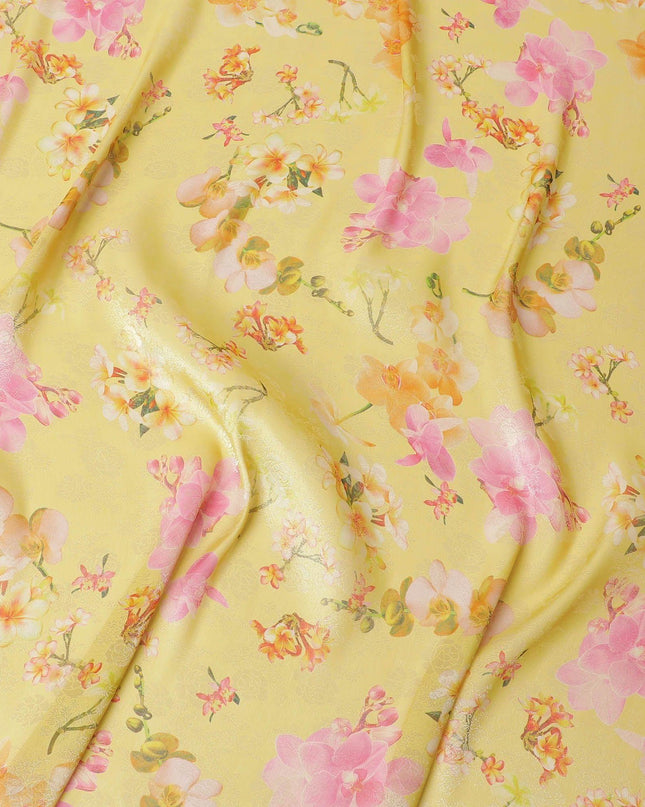 Light mustard yellow silk chiffon fabric with multicolor print in floral design having organza finish-D6637