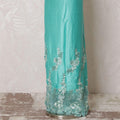 Tiffany blue blended cotton lawn fabric with same tone, laurel green embroidery having stone work in floral design-D15090
