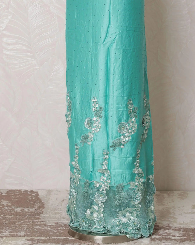 Tiffany blue blended cotton lawn fabric with same tone, laurel green embroidery having stone work in floral design-D15090 Regal Fabrics
