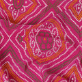 Magenta pink silk crepe fabric with olive green, white and mustard print in abstract design-D6427