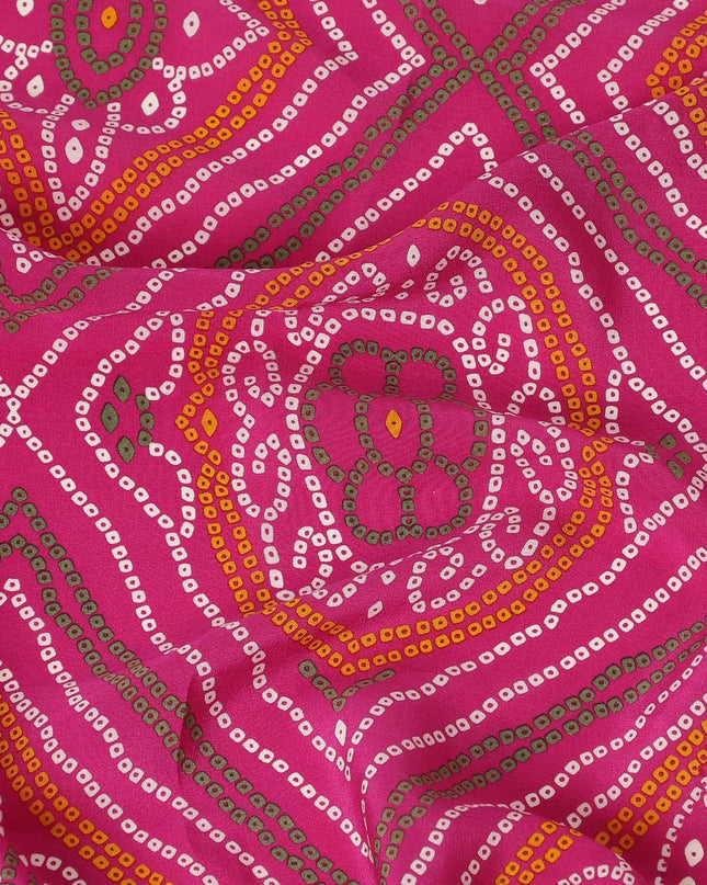 Magenta pink silk crepe fabric with olive green, white and mustard print in abstract design-D6427 Regal Fabrics