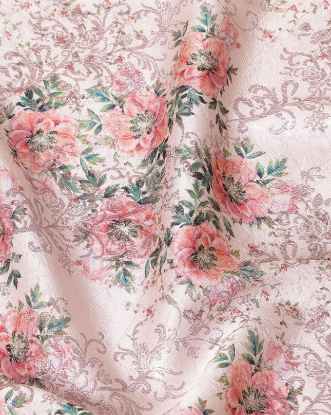 Light pink premium pure silk satin fabric with light peach and forest green print having rose pink film metallic in floral design-D9419