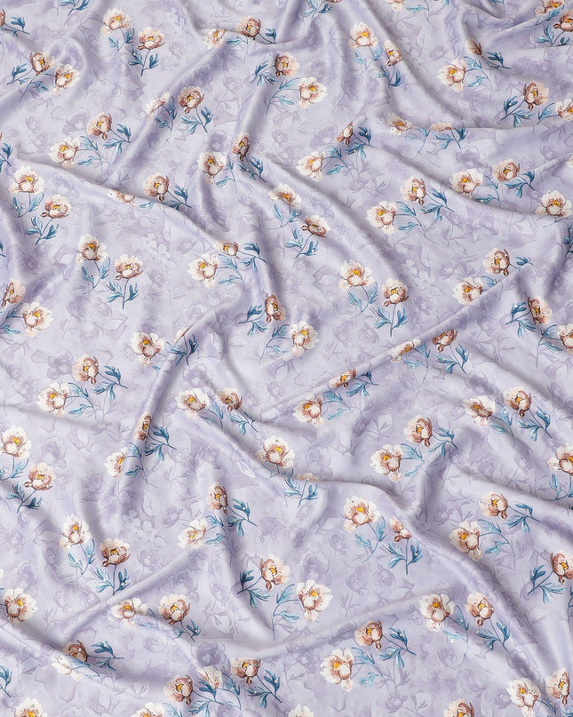 Light lavender synthetic crepe fabric with multicolor print having stone work in floral design-D15308