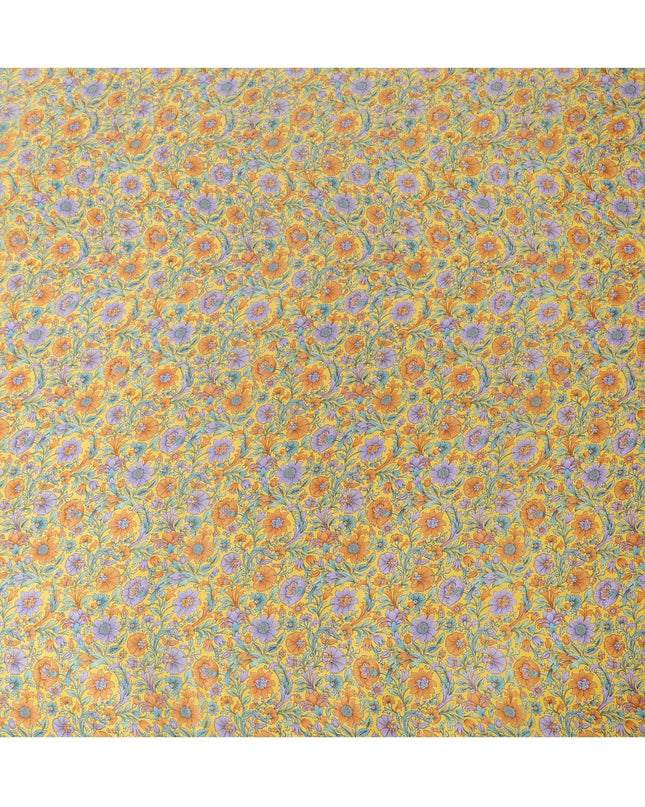 Honey yellow silk satin fabric with green, orange & violet prints in floral design-D11143