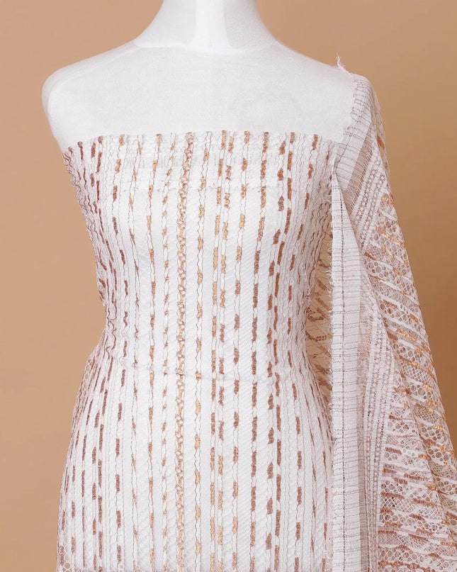 White Premium Wedding French chantilly lace fabric with copper metallic stripe design-D8366 Regal Fabrics