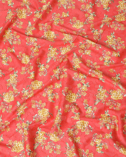 Crimson red uragiri cotton fabric with same tone jacquard having mustard, olive green and black print in floral design-D14321