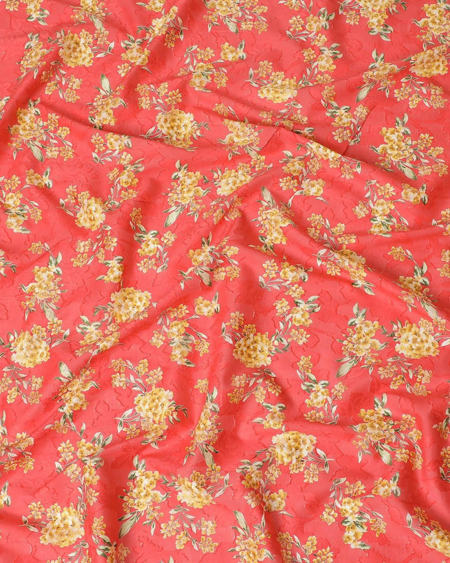 Crimson red uragiri cotton fabric with same tone jacquard having mustard, olive green and black print in floral design-D14321 Regal Fabrics