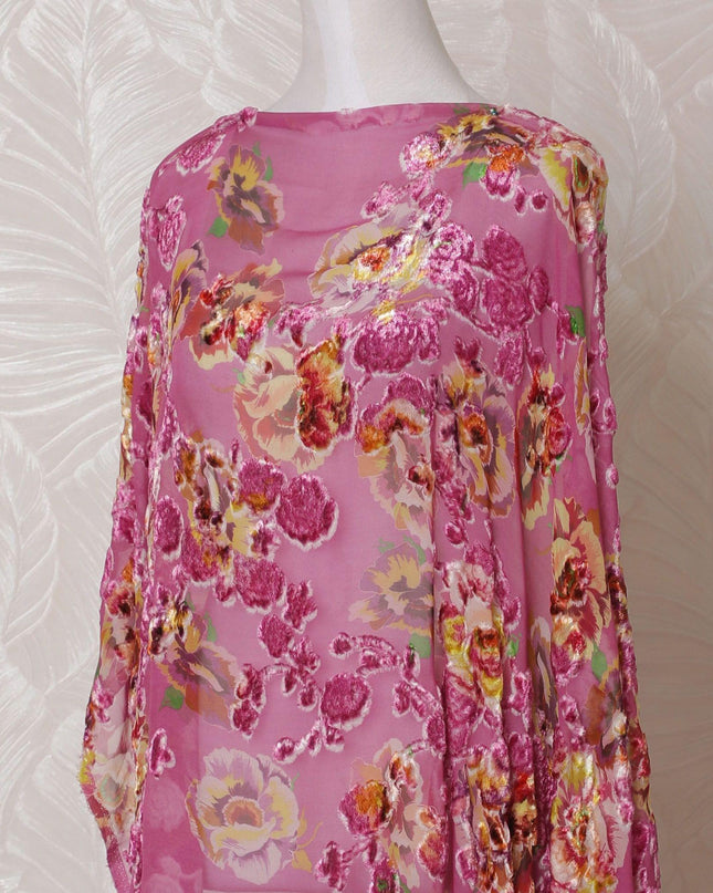 Baby pink Premium pure silk blended velvet makmal dirac fabric with multicolor print and same tone metallic lurex in floral design-D14879