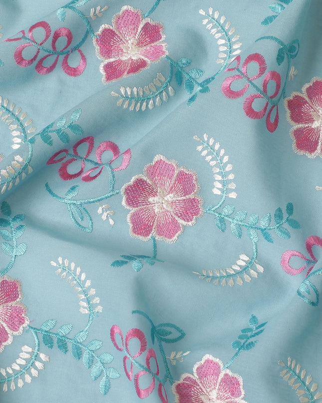 Turkish blue cotton voile fabric with same tone, gold and magenta pink embroidery in floral design-D10571