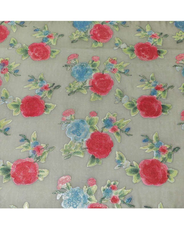 قماش شيفون حريري نقي فاخر باللون الأخضر الزيتوني مع لوركس معدني متعدد الألوان بتصميم زهور-D10781