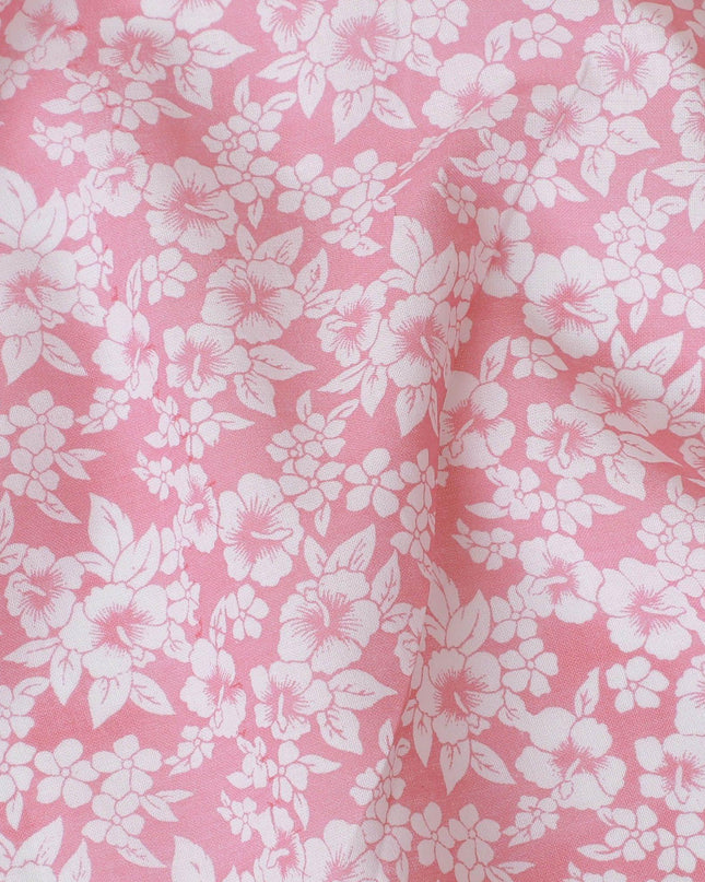 Baby pink cotton voile fabric with white print in floral design-D15055