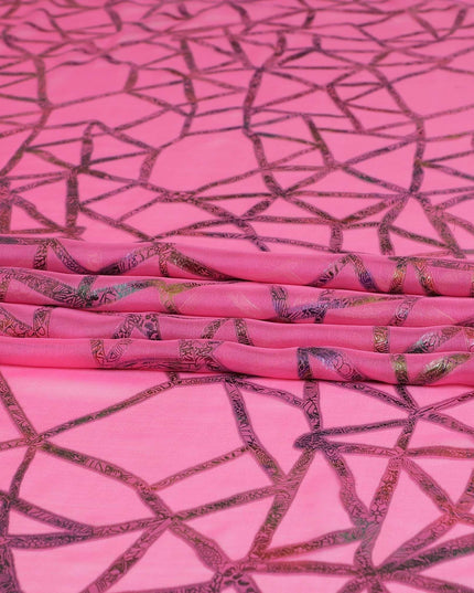 Hot pink Premium pure silk chiffon fabric with multitone metallic lurex in abstract design-D9660