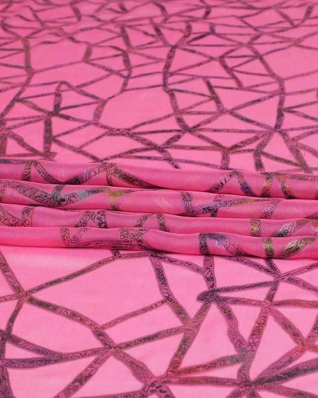 Hot pink Premium pure silk chiffon fabric with multitone metallic lurex in abstract design-D9660