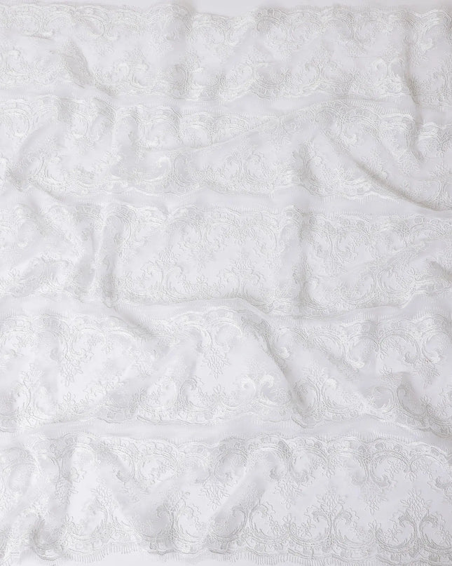 White nylon tulle fabric with same tone embroidery in floral design-D11750 Regal Fabrics